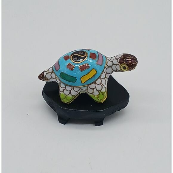 Cloisonne Enamel Colorful Turtle With Wooden Stand Figural Figurine Miniature - Picture 3 of 8